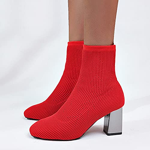 YWLINK Botas CalcetíN Mujer Botas De Color Liso Botas Invierno Bloque TacóN Corto Botas Elegante Puntera Puntiaguda Tacones Altos Moda Tacon Ancho Botines Sweater Botasies Pull On (Rojo, 36)