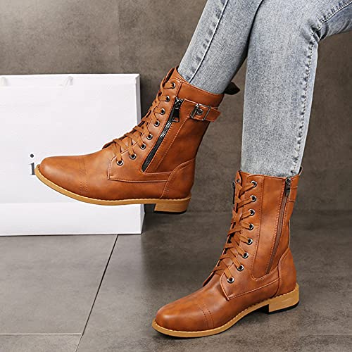 YWLINK Botas De Piel Para Mujer Botas De Combate Con Cordones Botas De Lluvia Impermeables Botas Planas De Color Liso Antideslizante Transpirable Botas De Nieve Hunter Zapatos (Marrón, 37)