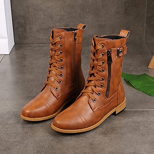 YWLINK Botas De Piel Para Mujer Botas De Combate Con Cordones Botas De Lluvia Impermeables Botas Planas De Color Liso Antideslizante Transpirable Botas De Nieve Hunter Zapatos (Marrón, 37)