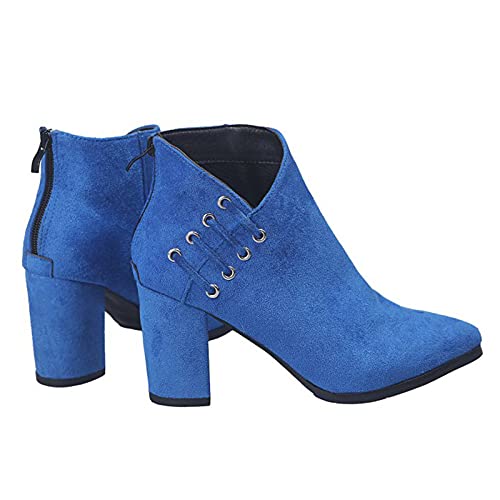 YWLINK Botines Dedo Del Pie Puntiagudo Forma V Tacones De Aguja Botas Del Tobillo Para Mujeres Botines De TacóN Grueso Con Tiras Cruzadas De Talla Grande Botas De Color Liso Negras (Azul, 37)