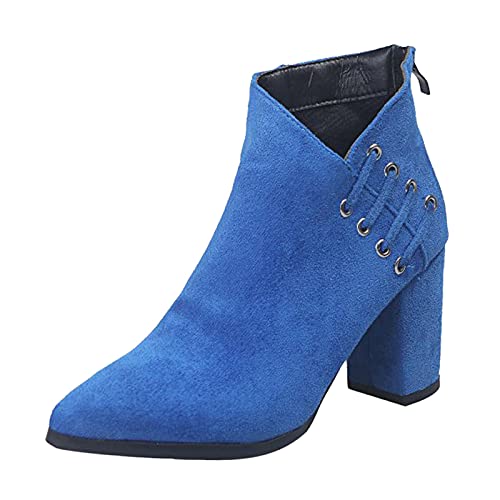 YWLINK Botines Dedo Del Pie Puntiagudo Forma V Tacones De Aguja Botas Del Tobillo Para Mujeres Botines De TacóN Grueso Con Tiras Cruzadas De Talla Grande Botas De Color Liso Negras (Azul, 37)