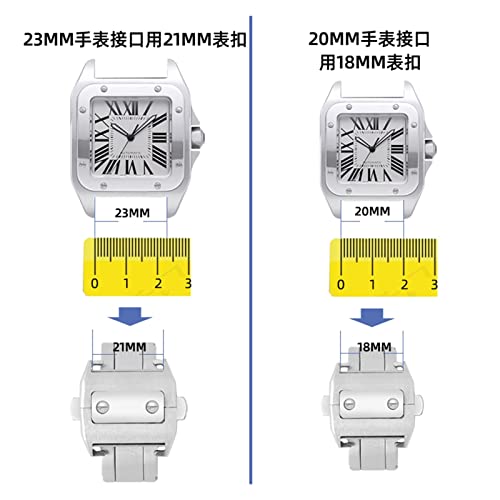 Zhong Ying Hebilla de Reloj de Acero Inoxidable Compatible con Cartier Santos 100 Cinturón de cinturón con Hebilla Plegable Mariposa Cierre de Mariposa Santos Reloj Correa 18 21mm (Color : 18mm)