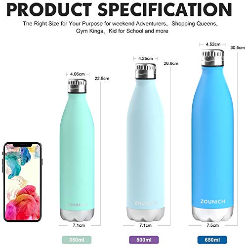 ZOUNICH Botella Agua Acero Inoxidable 350/500/650ml Aislamiento de Vacío de Doble Pared, Sin BPA Botella Termica Reutilizable para Niños, Deporte, Gimnasio