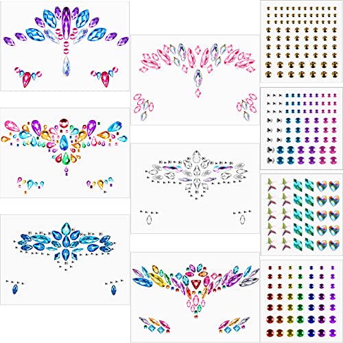 10 Hojas Pegatinas Faciales de Joya de Sirena de Gemas Diamantes de Imitación Tatuajes Temporales de Ojos Cara Cuerpo Pegatinas de Piedras Preciosas de Lágrimas de Cristal (Estilo Elegante)