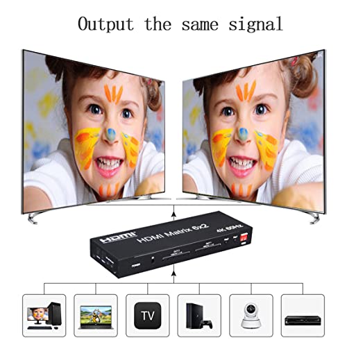 2.0 HDMI Matrix 6X2 4K @ 60Hz HDR Switch Splitter 6 Entradas 2 Salida RGB/YUV 4：4：4 Optical SPDIF y Salida Audio Jack 3.5 mm con Control Remoto