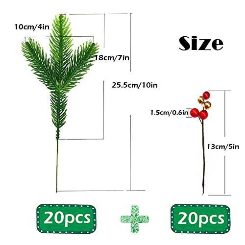 20 Piezas Ramas de Pino Artificiales + 20 Piezas Baya Roja Artificial,Ramas de Abeto Artificial Plástico,para decoración del hogar, decoración de Corona de Navidad