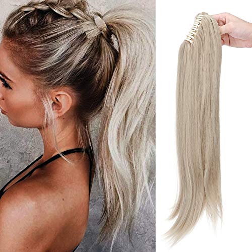 22"(55cm) SEGO Coleta Postiza con Pinza Pelo Sintético Se Ve Natural [Rubio Ceniza/Blanqueador Rubio] Extensiones de Cabello Clip Cola Lisa con Poca Ondulada en Las Puntas Ponytail (155g)