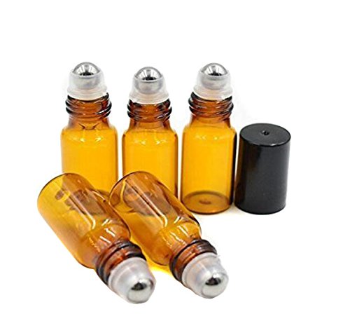 24 botellas de cristal ámbar de 5 ml para botellas recargables con rodillo de botellas tarro con bolas de acero inoxidable y tapas negras para aceite esencial aromaterapia perfumes