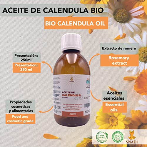 250 ml - Aceite de Calendula macerado BIO. Calendula en oliva y extracto de romero, antioxidante, cicatrizante, antiinflamatorio y ayuda a las afecciones en la piel.