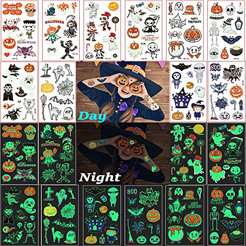 30 Hojas Tatuajes Temporales Niños Set de Halloween, 20 hojas Tatuajes de Dibujos Animados y 10 hojas Tatuajes que Brillan la Oscuridad, Accesorios de Decoración Halloween, Suministros Para Fiestas