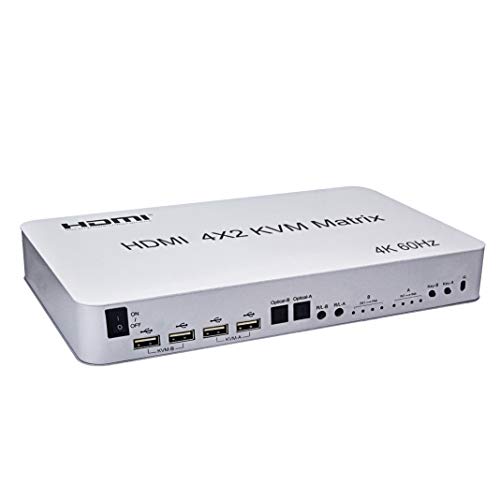 4 Port USB HDMI KVM Matrix Switch 4X2 dual monitor 4K@60Hz HDR RGB/YUV 4：4：4 Optical SPDIF y Salida Audio Jack 3.5 mm Support Keyboard Mouse