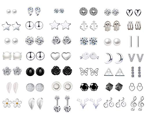 42 pares de pendientes de perno prisionero variados surtidos de época para mujeres niñas aros simples aretes conjunto joyería de la mujer (Plata)