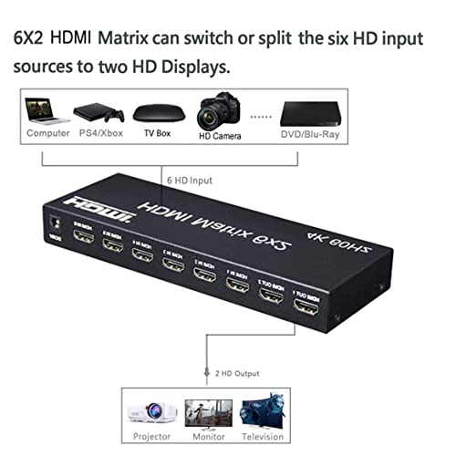 4K 60hz 6x2 HDMI Matrix 6 in 2 Out HDMI Splitter Switch 4x2 HDMI Matrix Audio Video Converter con EDID para PC TV Dual Monitor (6x2 Matrix)