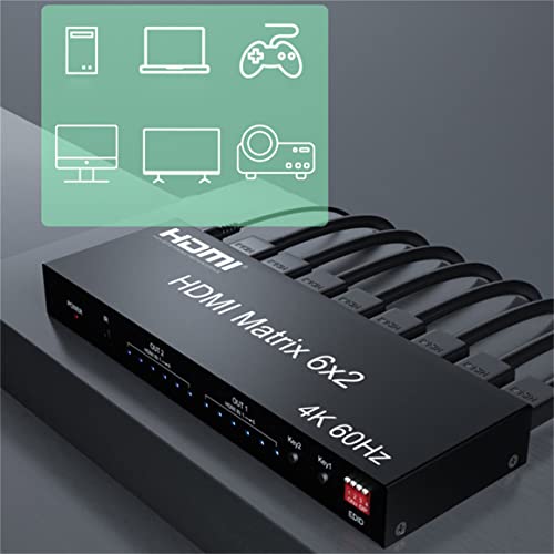 4K 60hz 6x2 HDMI Matrix 6 in 2 Out HDMI Splitter Switch 4x2 HDMI Matrix Audio Video Converter con EDID para PC TV Dual Monitor (6x2 Matrix)