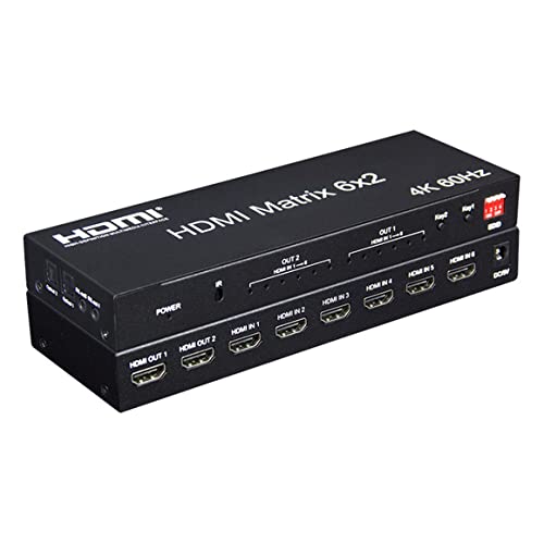 4K 60hz 6x2 HDMI Matrix 6 in 2 Out HDMI Splitter Switch 4x2 HDMI Matrix Audio Video Converter con EDID para PC TV Dual Monitor (6x2 Matrix)