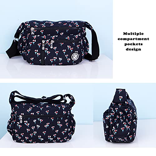 ABLE Mujer Bolsos de Moda Impermeable Mochilas Bolsas de Viaje Bolso Bandolera Sport Messenger Bag Bolsos Baratos Mano para Tablet Escolares Nylon (2-Negro(Flores))