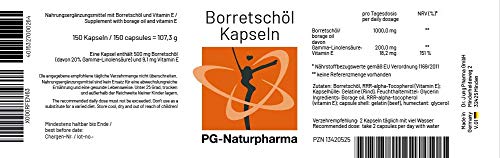 Aceite de borraja - 150 cápsulas con 500 mg de aceite de borraja - con ácidos grasos omega-6, ácido gamma-linolénico y vitamina E - (suministro de 2 meses)