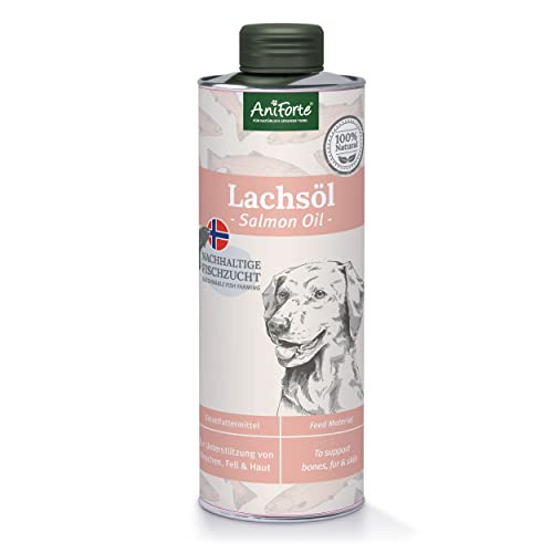 Aceite de salmón AniForte Premium para perros y gatos 500 ml - Prensado en frío con ácidos grasos Omega 3 y Omega 6, Aceite de pescado para cachorros, Adulto, Senior, Envase reciclable sin BPA