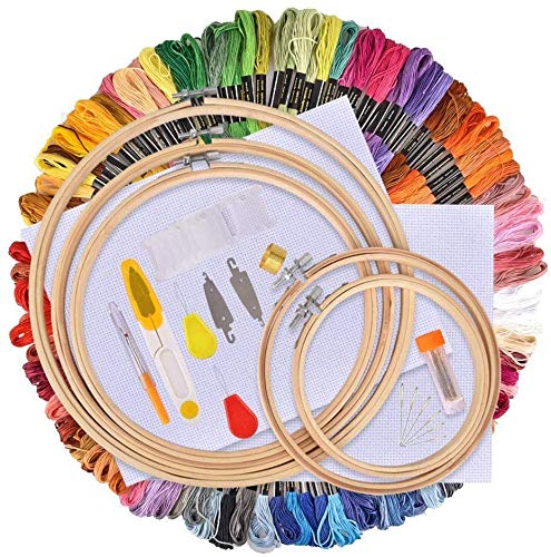 AFDEAL Kit de Inicio de Bordado,Kit de Herramienta de Punto de Cruz,5 Piezas Aros de Bambú, 100 Hilos de Color, 12 Por 18 Pulgadas Set de 14 Agujas y Reserva Clásica Aida y Agujas