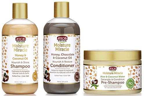 African Pride Moisture Miracle Pre-Shampoo Detangle & Conditioner, Shampoo and Conditioner SET of 3, Coconut Oil, Honey, Chococlate, Coconout Oil, Aloe & Coconut Water