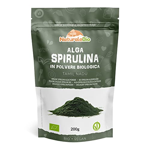 Alga Espirulina Ecológica En Polvo 200g. Orgánica, Natural y Pura, Cultivada en India en Tamil Nadu. Ideal en bebidas y batidos, o recetas. Apto para vegetarianos y veganos. NaturaleBio