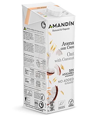 AMANDIN 400088 Bebida De Avena Con Coco - Paquete De 6 X 1000 Ml - Total: Ml, 6000 Mililitro, 6 Unidades