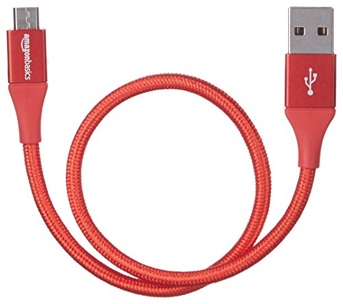 Amazon Basics – Cable USB 2.0 A a micro USB B con trenzado doble | 0,3 m, Rojo