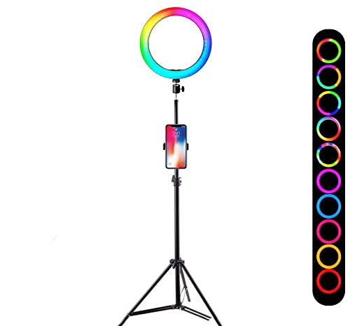 Anillo de luz LED de 26 cm / 10 Pulgadas + Trípode Incluido (2,1m) · 15 Niveles de luz Regulables RGB · Ideal para Movil: TIK TOK, Maquillaje, Selfie, Streaming, Youtube