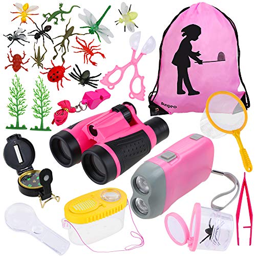 Anpro 25 en 1 Juguetes para Exploraciones de Naturaleza Aventurera para Niños, Binoculares, Silbato, Lupa, Brújula, Regalo para Niños,(Rosado)