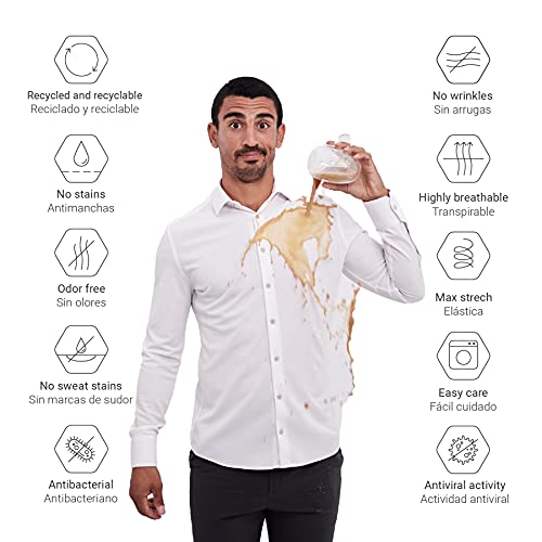 Antiarrugas Antimanchas Reciclada Camisa Formal Slim para Hombre (Blanca, L)