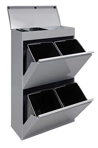 Arregui Top CR622-B Cubo de Basura y Reciclaje de Acero de 4 Cubos con Tapa y Bandeja Superior Multiusos, Gris Claro, 97.5x58.6x24.4