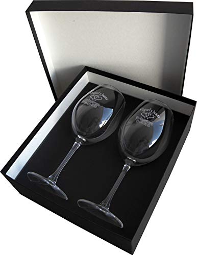 Arte-Deco Copas de Vino grabadas y Personalizadas con el Texto o dedicatoria Que Usted desee, presentadas en Estuche para Regalo.