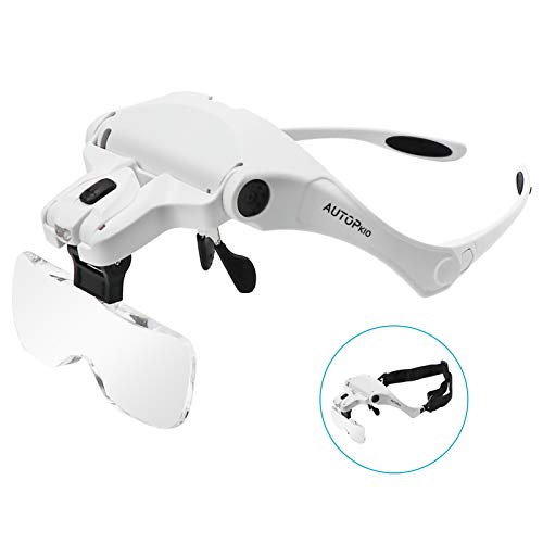 AUTOPkio Lentes de aumento, Lupa con luz 2 LED, Lupas de Gran Aumento para Modelismo, Reparaciones, Coser, Joyería y Relojería, intercambiables 5 lentes 1.0X, 1.5X, 2.0X, 2.5X, 3.5X (Blanco)