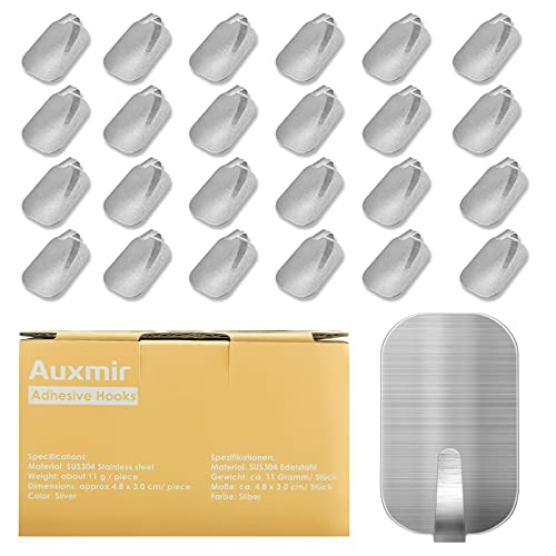 Auxmir Ganchos Adhesivos para Pared 25 piezas de Acero Inoxidable sin Agujeros, Soporte Adhesivo de Toalla, Ideal para Pared de Baño, Cocina, Oficina, Color Plateado