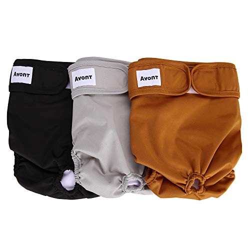 Avont 3 Packs - Pañales Lavables para Perras, Reutizables y Duraderos para Perros Hembra, Female Dog Diapers Altamente Absorbentes -XL, 24"-33" Cintura, Negro/Marrón/Gris