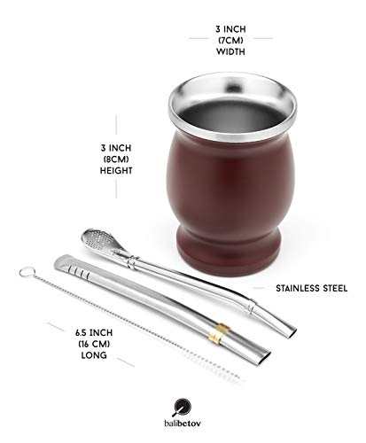 BALIBETOV Mate Argentino - Kit Mate con un Vaso para Mate de Doble Pared de Acero Inoxidable y Dos Bombilla para Mate y cepillos para Limpiar la Bombilla Mate, resistente y elegante (Bordo)