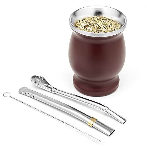 BALIBETOV Mate Argentino - Kit Mate con un Vaso para Mate de Doble Pared de Acero Inoxidable y Dos Bombilla para Mate y cepillos para Limpiar la Bombilla Mate, resistente y elegante (Bordo)