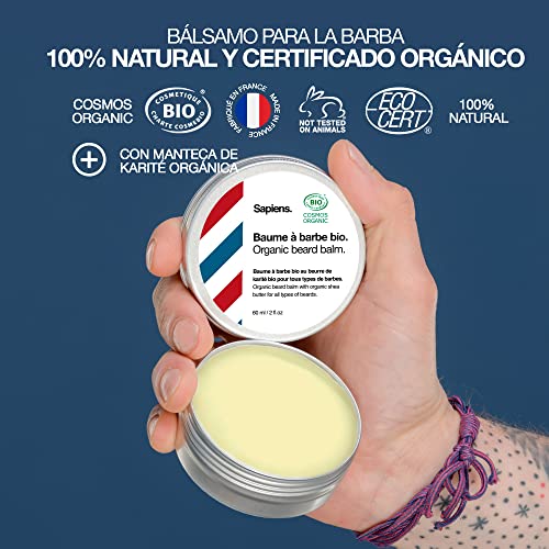 Bálsamo Barba Hombre Orgánico 60ml Sapiens Barber Shop - Cuidado barba hombre 100% Natural Certificado ECOCERT / Cosmos Organic - Cera para Barba y Bigote con Manteca de Karité Orgánica