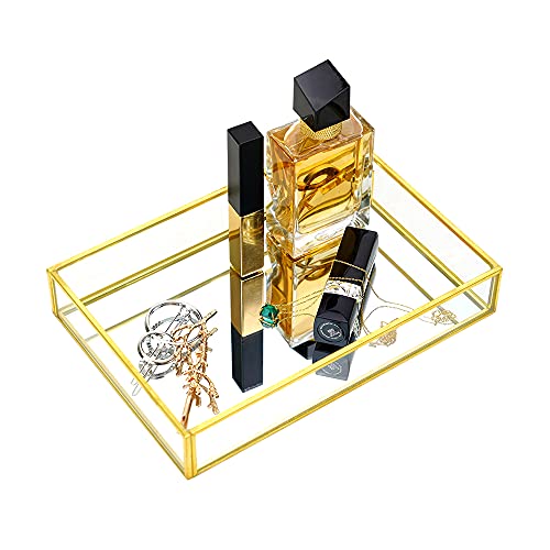 Bandeja de Espejo Dorado, QLFJ-FurDec Bandeja Decorativa Espejo Joyería de Metal Rectangular, Bandeja Perfume Organizadora de Baratijas para Tocador, Baño, Dormitorio 25x18x4,5cm