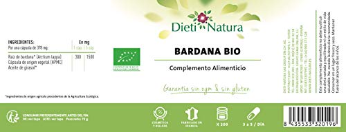 Bardana Bio 200 cápsulas de Dieti Natura. Aliado de las pieles grasas y con problemas [Fabricado en Francia][Certificado ecológico FR-BIO-01][Garantía Sin OGM ni Gluten] (Bote de 200 cápsulas)