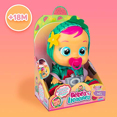 BEBÉS LLORONES Tutti Frutti Mel, Muñeca interactiva que llora de verdad con chupete y pijama con olor a Sandía , Muñeco y Juguete para niñas y niños +18 Meses