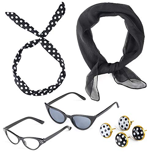 Beelittle 50's Costume Accessories Set 1950's Chiffon Scarf Cat Eye Glasses Bandana Tie Diadema Drop Dot Pendientes (Negro)