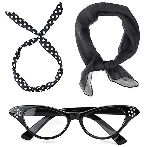 Beelittle 50's Costume Accessories Set 1950's Chiffon Scarf Cat Eye Glasses Bandana Tie Diadema Drop Dot Pendientes (Negro)