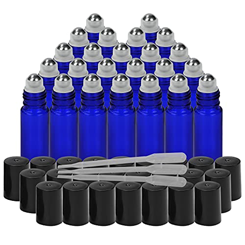 Belle Vous Botella Roll On de Vidrio Azul Cobalto con Cuentagotas (Pack de 27) 10 ml Frascos de Vidrio Bola de Acero Inoxidable - Para Aceites Esenciales, Aromaterapia - Frasco Perfume Recargable