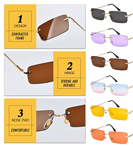 besbomig Vintage Gafas de Sol Rectangulares Sin Montura para Mujer y Hombre - Gafas Retro con Protección UV para Conducir y Deportes al Aire Libre
