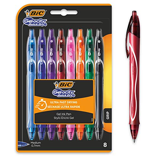 BIC Gel-ocity Quick Dry Bolígrafos de Gel de punta media (0,7mm) - Colores Surtidos, Blíster de 8 Unidades – Bolígrafo retráctil con tinta de secado ultrarrápido