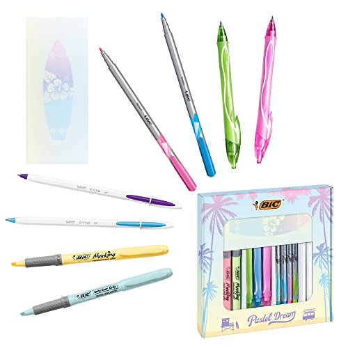 BIC Pastel Dream Kit - 3 Bolígrafos Gel-ocity Quick Dry/4 Rotuladores Intensity Medium/4 Marcadores Pastel/ 4 Bolígrafos/ 1 Cuaderno - Caja de Regalo con 16 uds.