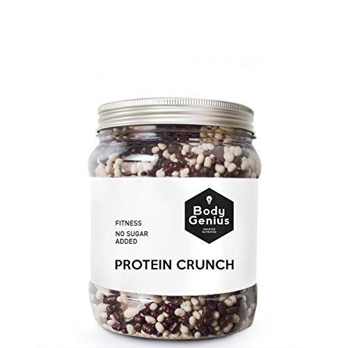 BODY GENIUS Protein Crunch (Cookies&Cream). 500g. Cereales Proteicos. Bolitas de Proteína Recubiertas de Chocolate Sin Azúcar. Bajo en Hidratos. Snack Fitness. Hecho en España.