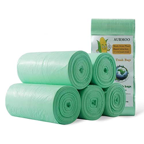 Bolsas de Basura Orgánica, Bolsas de Basura Biodegradable de 20L, AURMOO Grosor 0,71 MIL Bolsas de 100% Basura de Cocina Degradable y Reciclables. (5 Rollos, 150 Piezas, Verde)