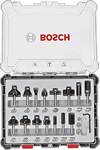 Bosch Professional 2607017472 Juego de 15 fresas para ranurar, rebajar, unir, recortar y perfilar madera, para fresadoras con vástago de 8 mm, Color Plata